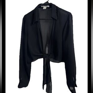 Maggy London Women's Tie Front Sheer Black Blouse w/Sequin Collar